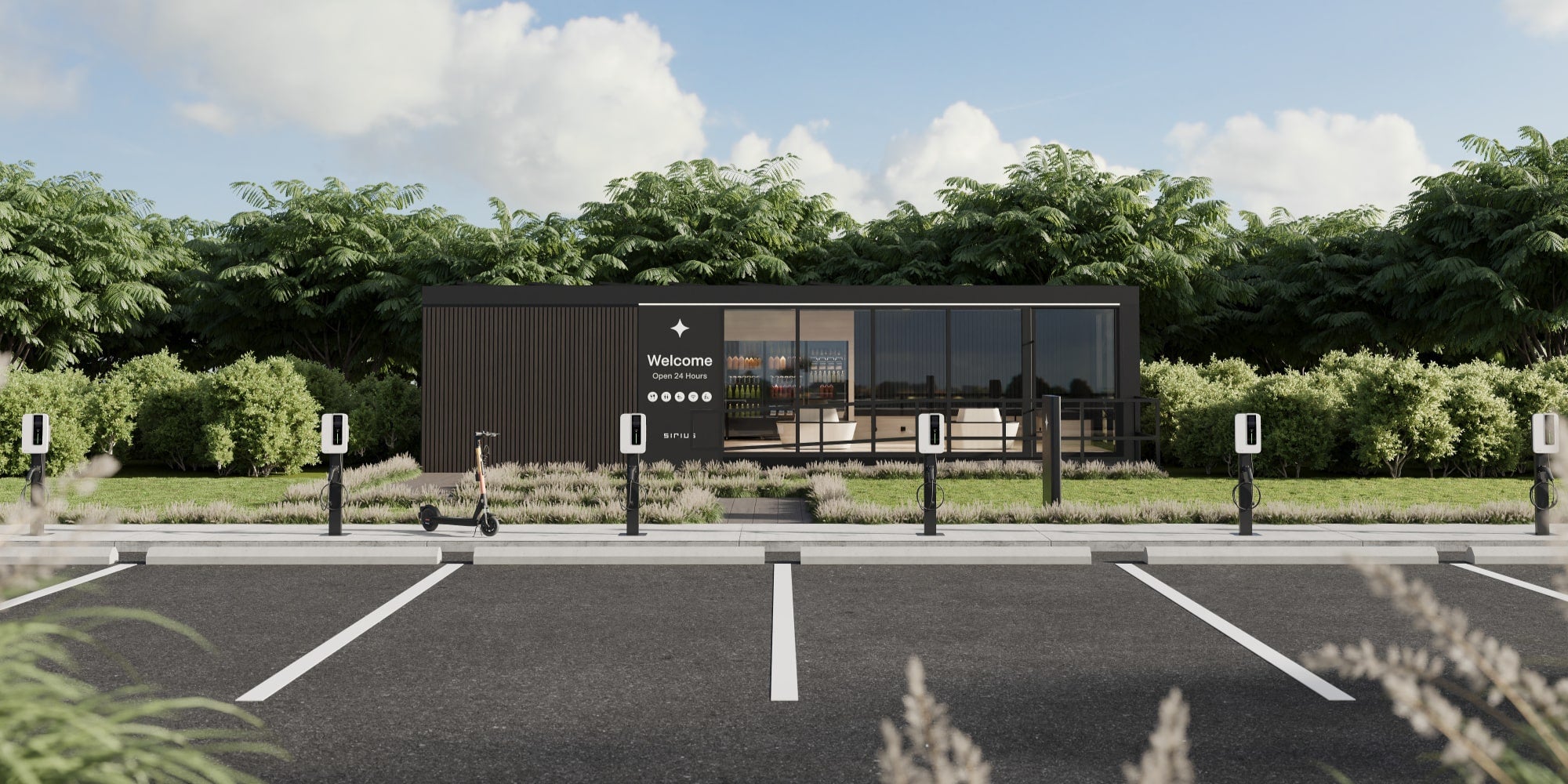 Modern Electric Vehicle Resting Lounge Premium EV Charging Station Amenities Sirius Buildings