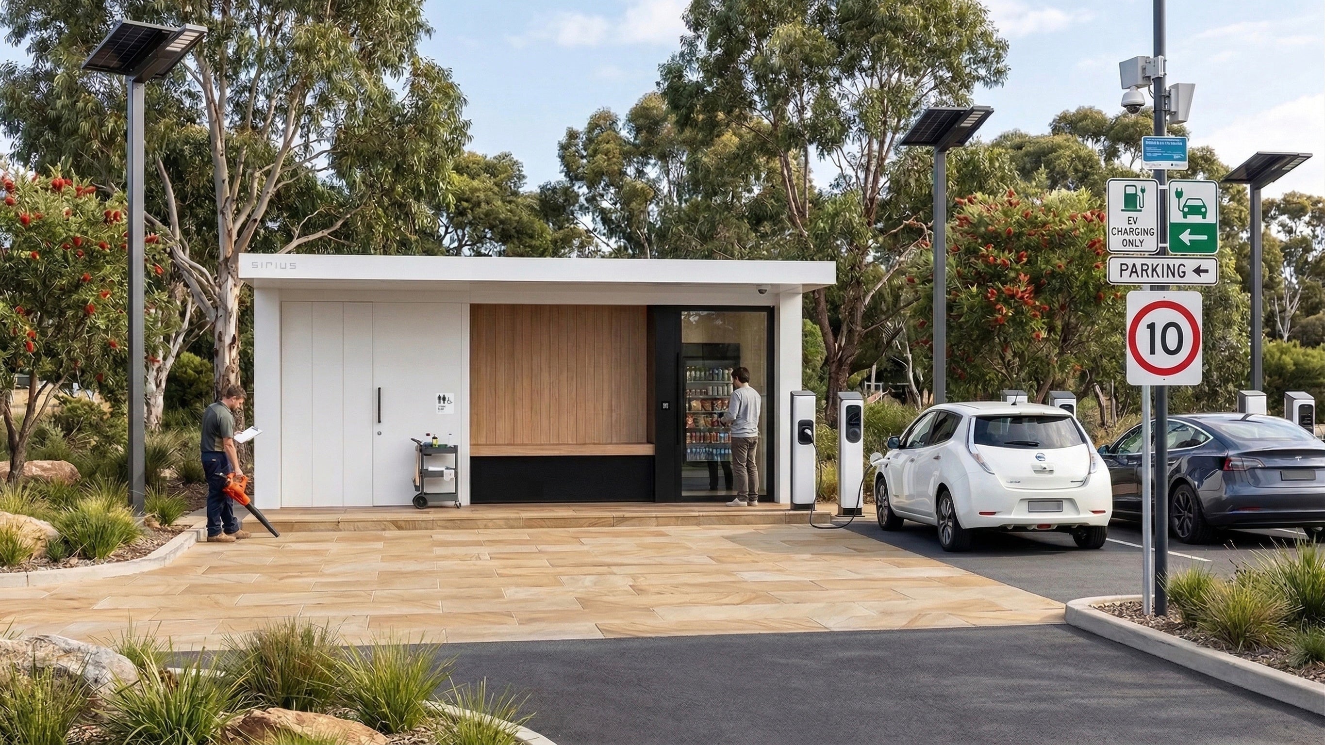 Modern EV Charging Lounge Micro Amenities Electric Vehicle Site Infrastructure Restroom Facilities